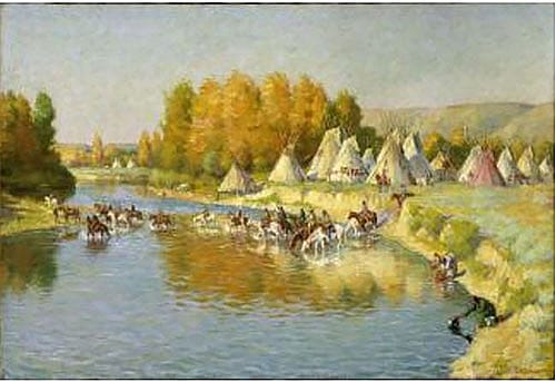 Crows Fording the Little Horn; [Encampment of Crow Indians]